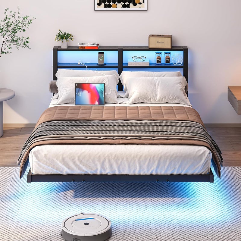 إطار سرير كامل عائم مع أضواء LED ومحطة شحن USB، سرير منصة معدني مع رفين تخزين، شرائح متينة مقاومة للضوضاء، أسود - Image 3