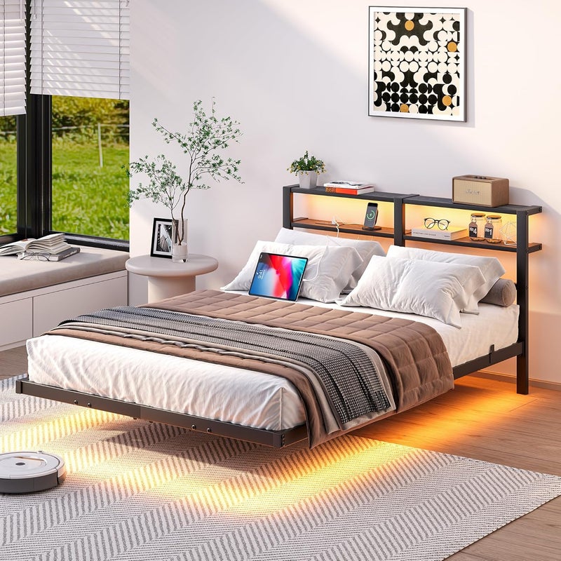 إطار سرير كامل عائم مع أضواء LED ومحطة شحن USB، سرير منصة معدني مع رفين تخزين، شرائح متينة مقاومة للضوضاء، أسود - Image 1