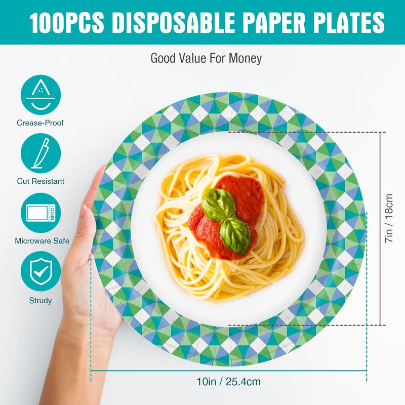 Charmount Paper Plates Bulk  10 Inch Large Paper Plates  100pcs Disposable Paper Plates  Blue Paper Plates for Parties and Daily Use  Soak Proof  Cut Proof  Green Printed - Image 2
