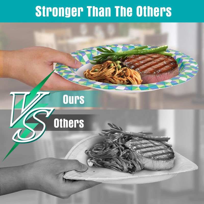 Charmount Paper Plates Bulk  10 Inch Large Paper Plates  100pcs Disposable Paper Plates  Blue Paper Plates for Parties and Daily Use  Soak Proof  Cut Proof  Green Printed - Image 4