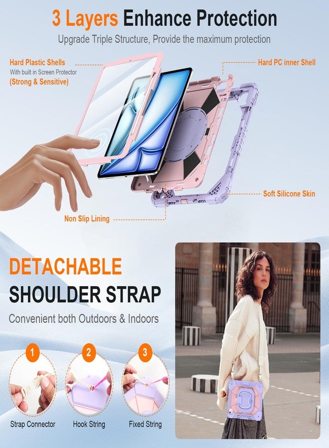 Auorld Case for iPad Air 13 Inch Case M3 2025/ M2 2024, Auorld for iPad Air 13 Inch Case M3 2025 Case with Screen Protector, 360 Degree Rotating Stand Shoulder Strap Pencil Holder, Purple Pink - Image 3