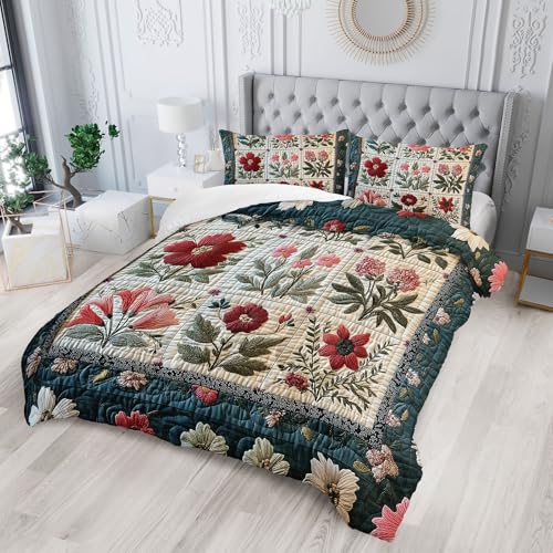 Tuzaovy Flower Print Comforter Bedding Set Twin Size,Soft Floral Plant Retro Quilts Twin for Adults,Floral Green Quilt Bedding Set Bedroom Decor,Cute Flower Plant Pattern Comforter Room Decor - Image 2