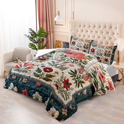 Tuzaovy Flower Print Comforter Bedding Set Twin Size,Soft Floral Plant Retro Quilts Twin for Adults,Floral Green Quilt Bedding Set Bedroom Decor,Cute Flower Plant Pattern Comforter Room Decor - Image 4