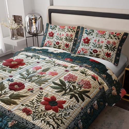 Tuzaovy Flower Print Comforter Bedding Set Twin Size,Soft Floral Plant Retro Quilts Twin for Adults,Floral Green Quilt Bedding Set Bedroom Decor,Cute Flower Plant Pattern Comforter Room Decor - Image 5