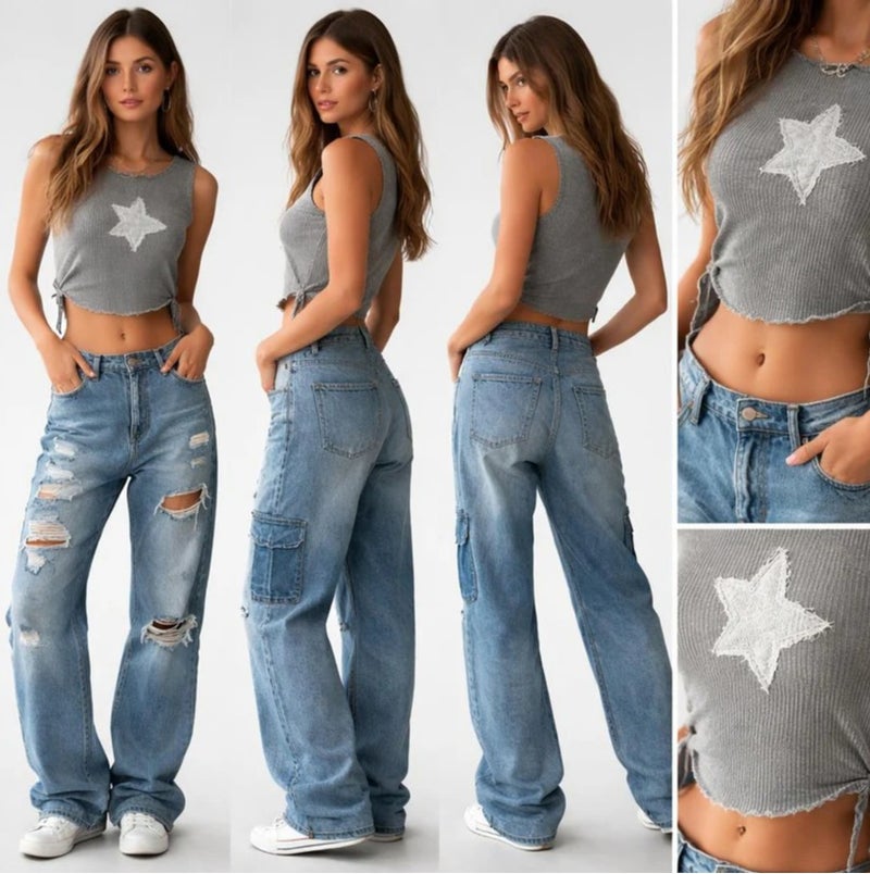 Aroma Aura Women's Charcoal Grey Ribbed Tank Top Featuring Distressed Star Patch and Side-Tie Hem Detail - Image 2