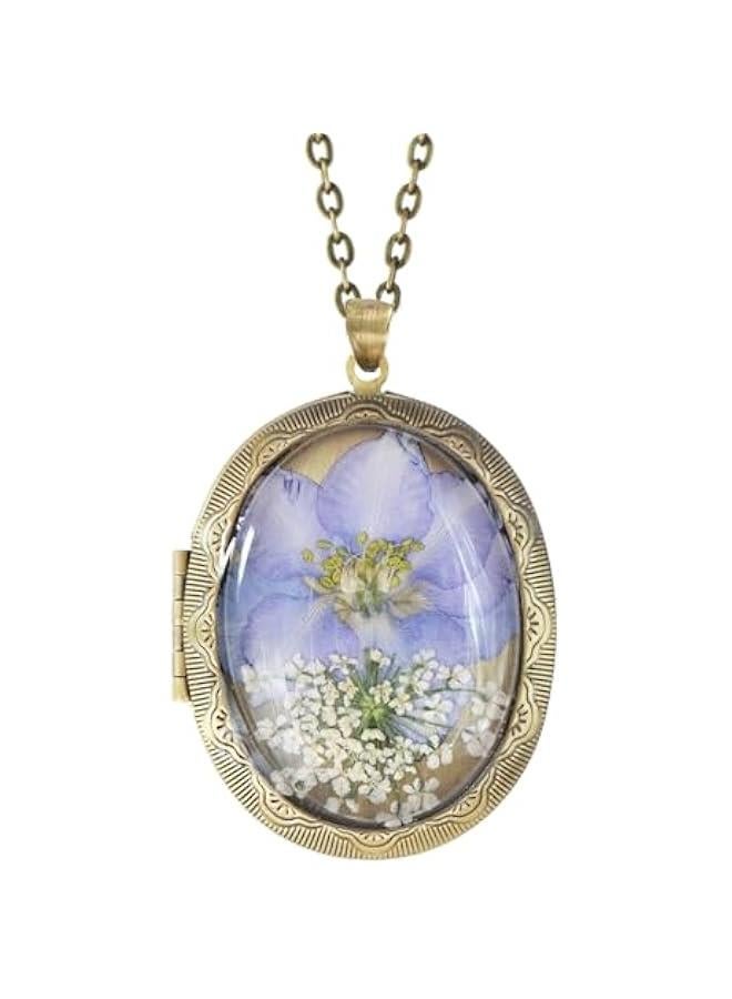 Arabest Handmade Oval Shaped Photo Locket with dried Pressed Flowers Locket pendant Necklace - Image 1