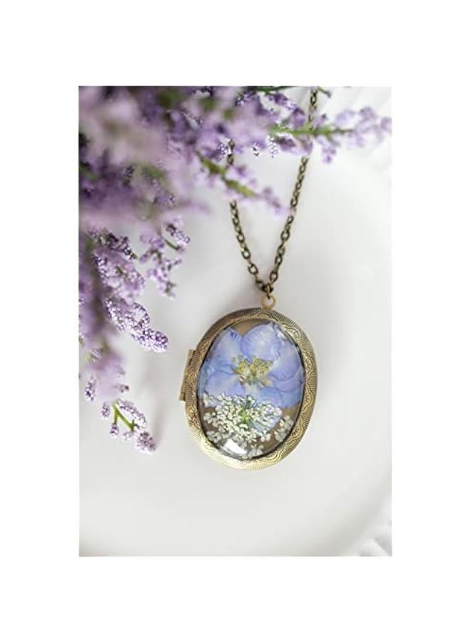 Arabest Handmade Oval Shaped Photo Locket with dried Pressed Flowers Locket pendant Necklace - Image 2
