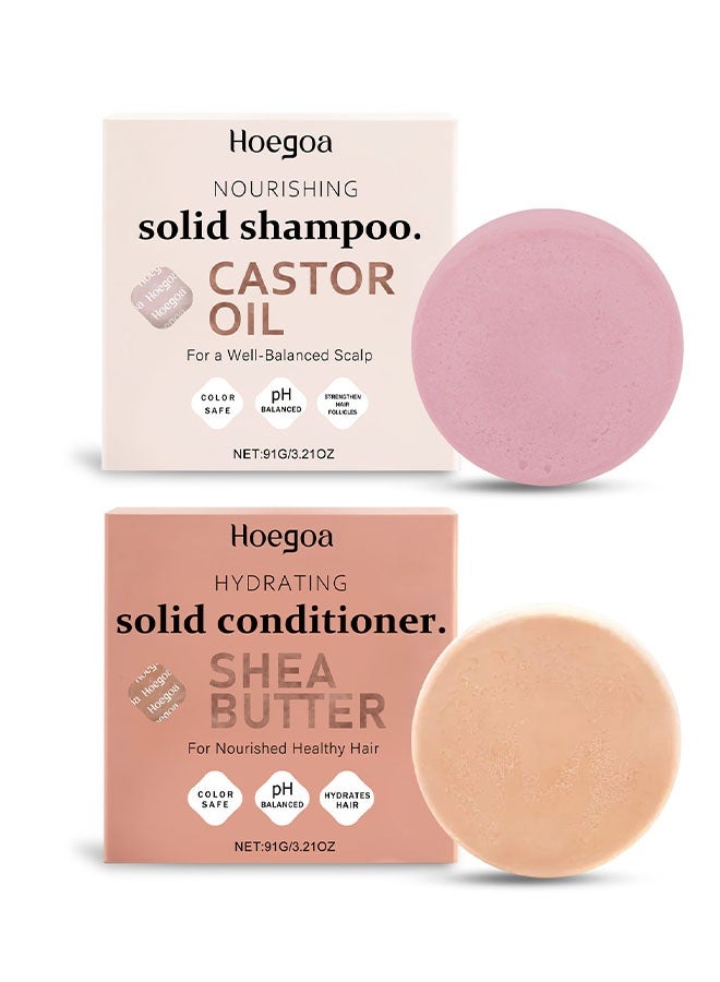 HOEGOA Solid Shampoo And Solid Conditioner,Castor Oil Shampoo Bar Shea Butter Deep-Moisturizing Conditioner Bar - Hydrating for Dull Dry Hair, Strengthen Restore Damage Hair, 1 Set - Image 1