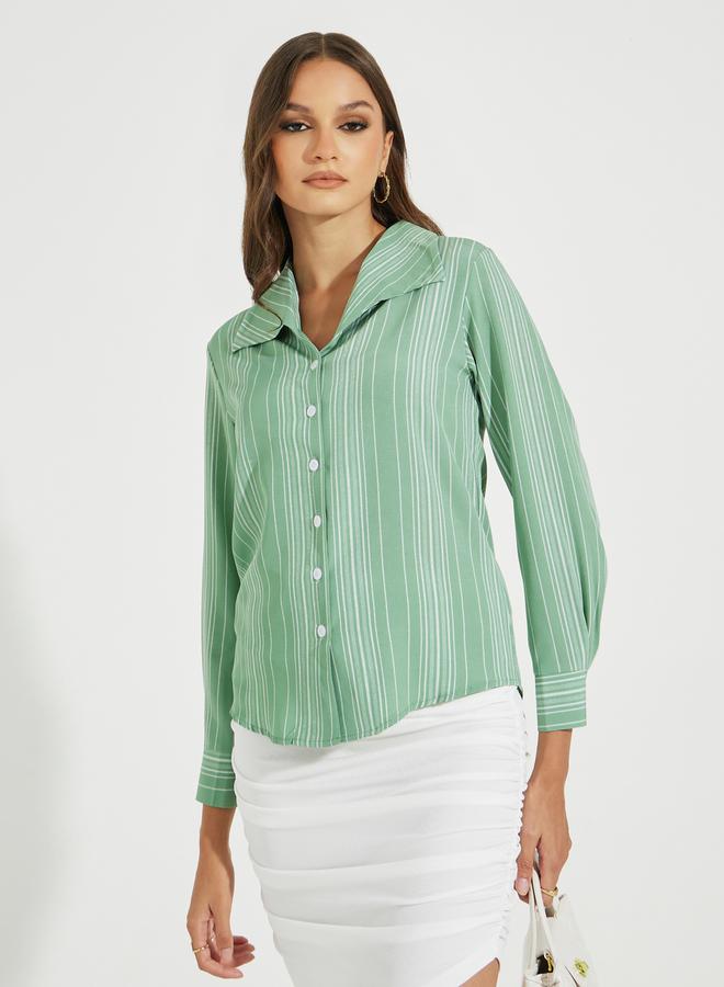 تايك تو بلوزة مخططة بأكمام طويلة مع أزرار - Image 3