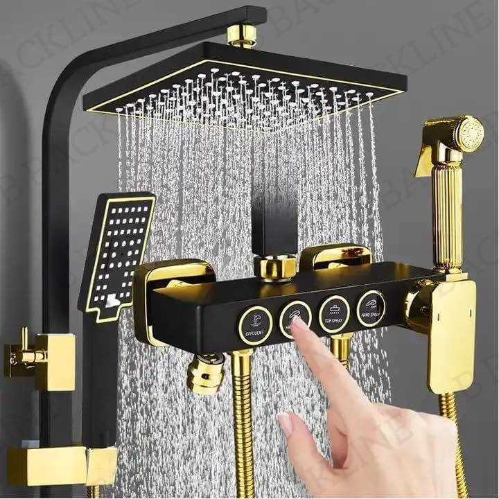 B BACKLINE Backline Shower Set for Bathroom Full Set 4 in 1 Wall Shower Mixer Hot & Cold Shower Panels, Hand shower | overhead Shower | Jet Spray For Bathrooms (Black Gold) - Image 1