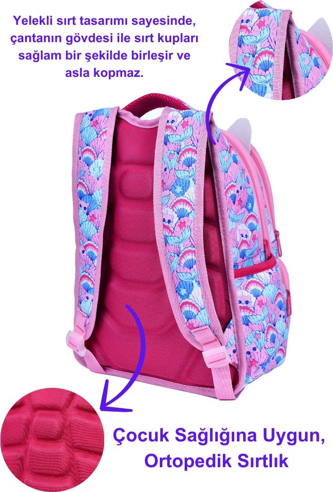 Çantaland Pink Cat Printed, Waterproof, Orthopedic Back Feature, Primary School Bag + Lunch Box - Image 3
