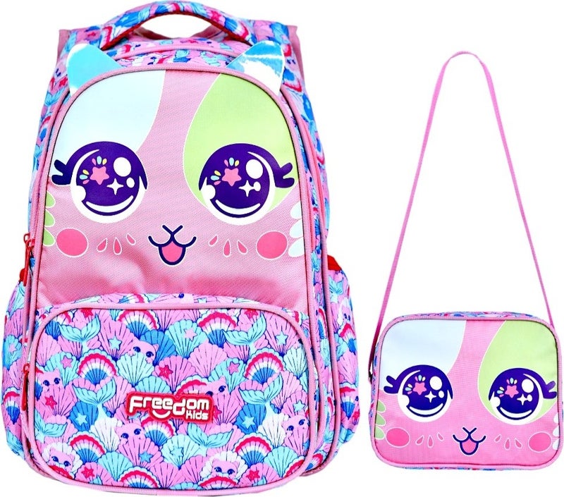 Çantaland Pink Cat Printed, Waterproof, Orthopedic Back Feature, Primary School Bag + Lunch Box - Image 1