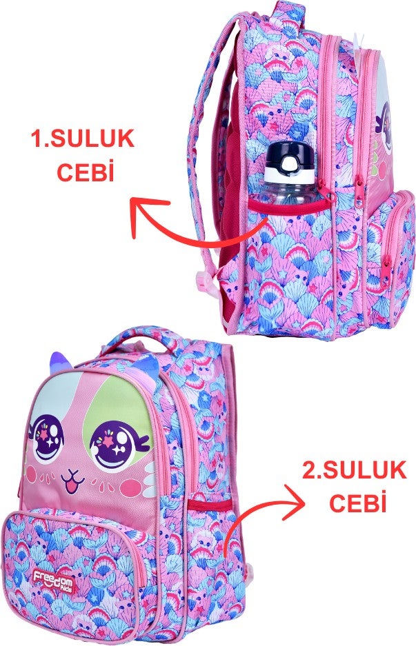 Çantaland Pink Cat Printed, Waterproof, Orthopedic Back Feature, Primary School Bag + Lunch Box - Image 2