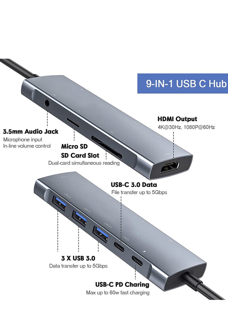 موزع USB C، محول متعدد المنافذ من النوع C 9 في 1 مع توصيل طاقة 87 وات، مخرج HDMI 4K، 3 منافذ بيانات USB3.0 وUSB-C بسرعة 5 جيجابت في الثانية، قارئ بطاقة SD/TF، مقبس سماعة رأس 3.5 ملم متوافق مع MacBoo - Image 2