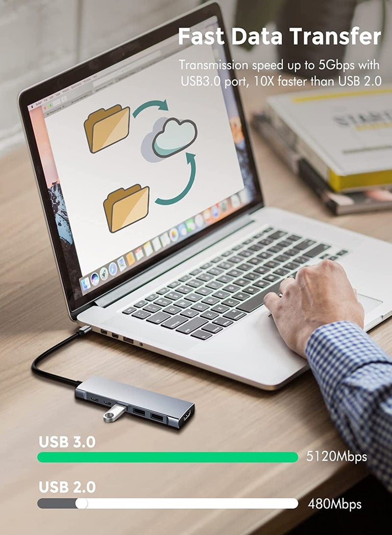 موزع USB C، محول متعدد المنافذ من النوع C 9 في 1 مع توصيل طاقة 87 وات، مخرج HDMI 4K، 3 منافذ بيانات USB3.0 وUSB-C بسرعة 5 جيجابت في الثانية، قارئ بطاقة SD/TF، مقبس سماعة رأس 3.5 ملم متوافق مع MacBoo - Image 5