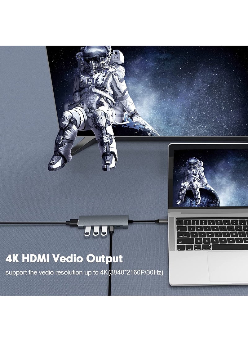 موزع USB C، محول متعدد المنافذ من النوع C 9 في 1 مع توصيل طاقة 87 وات، مخرج HDMI 4K، 3 منافذ بيانات USB3.0 وUSB-C بسرعة 5 جيجابت في الثانية، قارئ بطاقة SD/TF، مقبس سماعة رأس 3.5 ملم متوافق مع MacBoo - Image 4