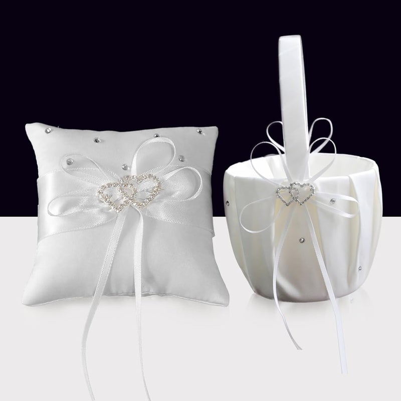COSLANLEE Flower Girl Baskets and Ring Bearer Pillow Set, Fariy Baskets with Pearl Rhinestones Satin Lace for Flower Girls, Ring Pillow for Ring Boy Wedding Ceremony Party Decor (White Hearts Set) - Image 1