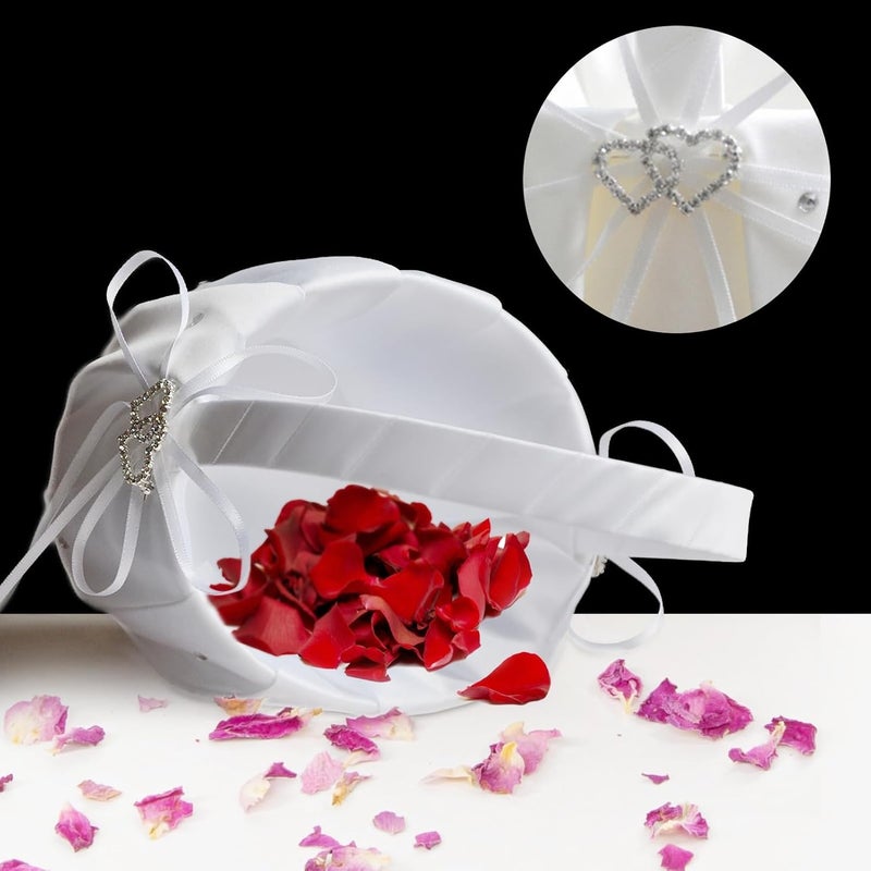 COSLANLEE Flower Girl Baskets and Ring Bearer Pillow Set, Fariy Baskets with Pearl Rhinestones Satin Lace for Flower Girls, Ring Pillow for Ring Boy Wedding Ceremony Party Decor (White Hearts Set) - Image 4