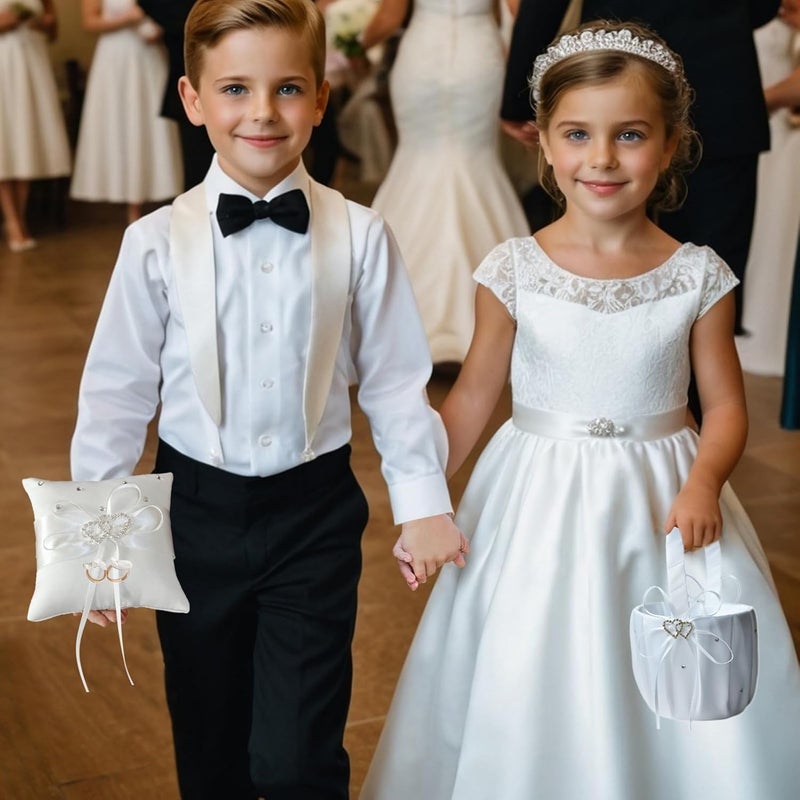 COSLANLEE Flower Girl Baskets and Ring Bearer Pillow Set, Fariy Baskets with Pearl Rhinestones Satin Lace for Flower Girls, Ring Pillow for Ring Boy Wedding Ceremony Party Decor (White Hearts Set) - Image 5