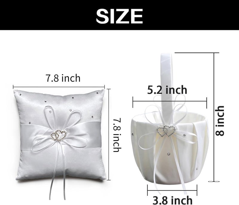 COSLANLEE Flower Girl Baskets and Ring Bearer Pillow Set, Fariy Baskets with Pearl Rhinestones Satin Lace for Flower Girls, Ring Pillow for Ring Boy Wedding Ceremony Party Decor (White Hearts Set) - Image 2
