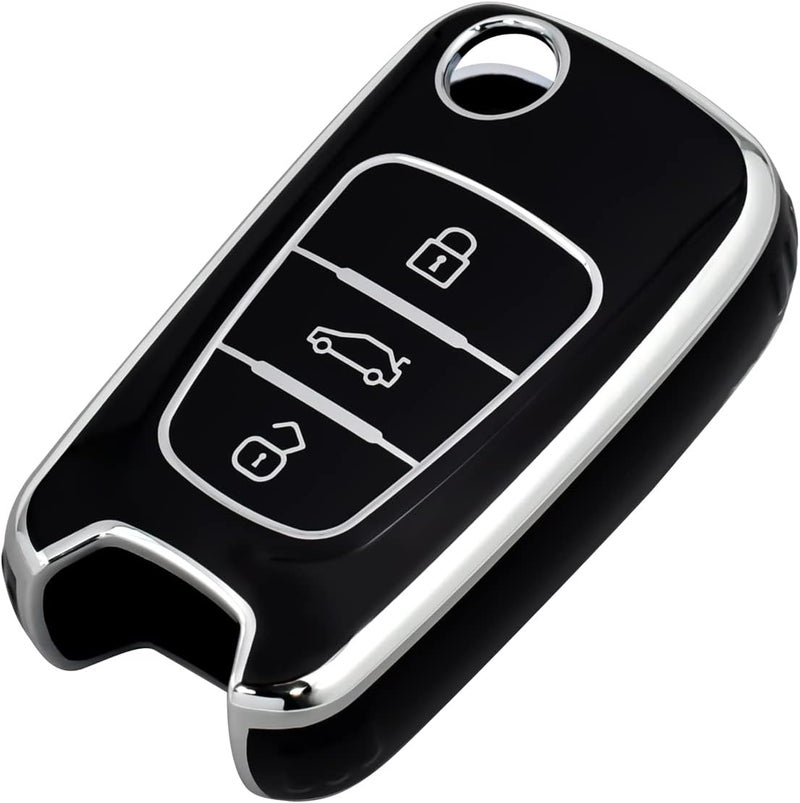 OFFCURVE Key Fob Cover - Full Protective Car Key Case Holder for Kia Soul, Rio, Sportage, Hyundai Elantra, Santa Fe, Verna, Carens, Forte, Avante - Flip Folding Keyless Entry Car Accessories, Black - Image 1