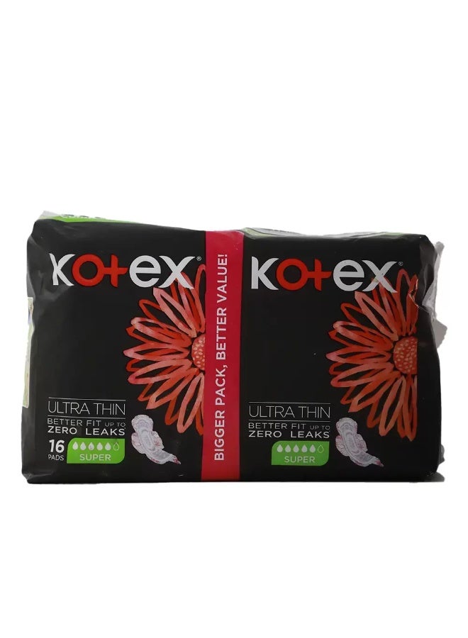 Kotex Ultra Thin Pads Better Fit Up to Zero Leaks-Super- 16Pads - Image 1