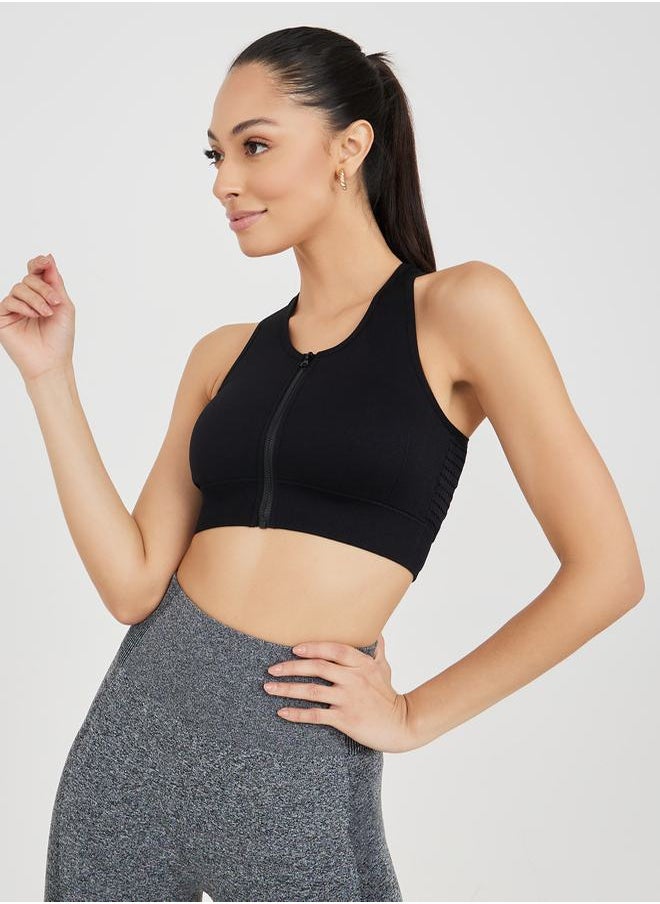 Styli - Front Zip Seamless Knit Detail Sports Bra - Image 1
