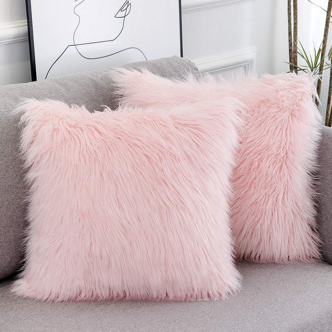 SET OF 2 PINK FLUFFY PILLOW COVERS NEW LUXURY SERIES MERINO STYLE BLUSH FAUX FUR DECORATIVE THROW PILLOW COVERS SQUARE FUZZY CUSHION CASE 16X16 INCH