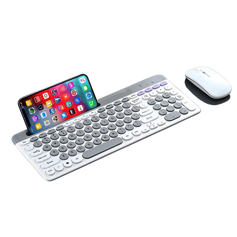 Guiheng Wireless Keyboard and Mouse Combo with Phone Tablet Holder, Rechargeable Dual-Mode (Bluetooth 5.0 and 3.0 +2.4G) Multi-Device Silent Mouse for Windows, iPad, Tablet, MacOS,iOS,Android (Grey+White) - Image 1