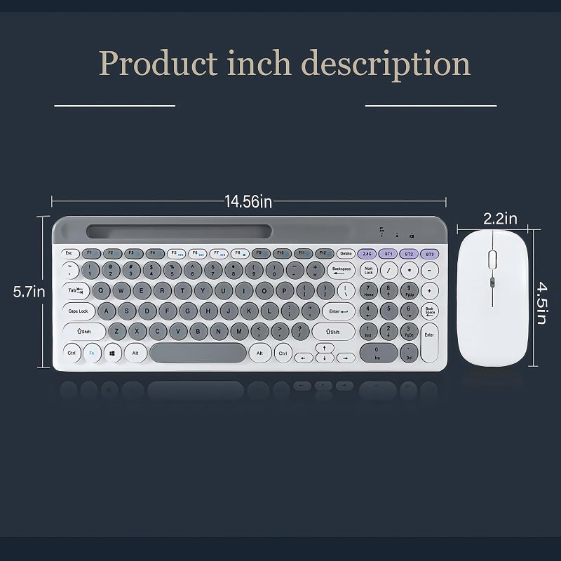 Guiheng Wireless Keyboard and Mouse Combo with Phone Tablet Holder, Rechargeable Dual-Mode (Bluetooth 5.0 and 3.0 +2.4G) Multi-Device Silent Mouse for Windows, iPad, Tablet, MacOS,iOS,Android (Grey+White) - Image 4