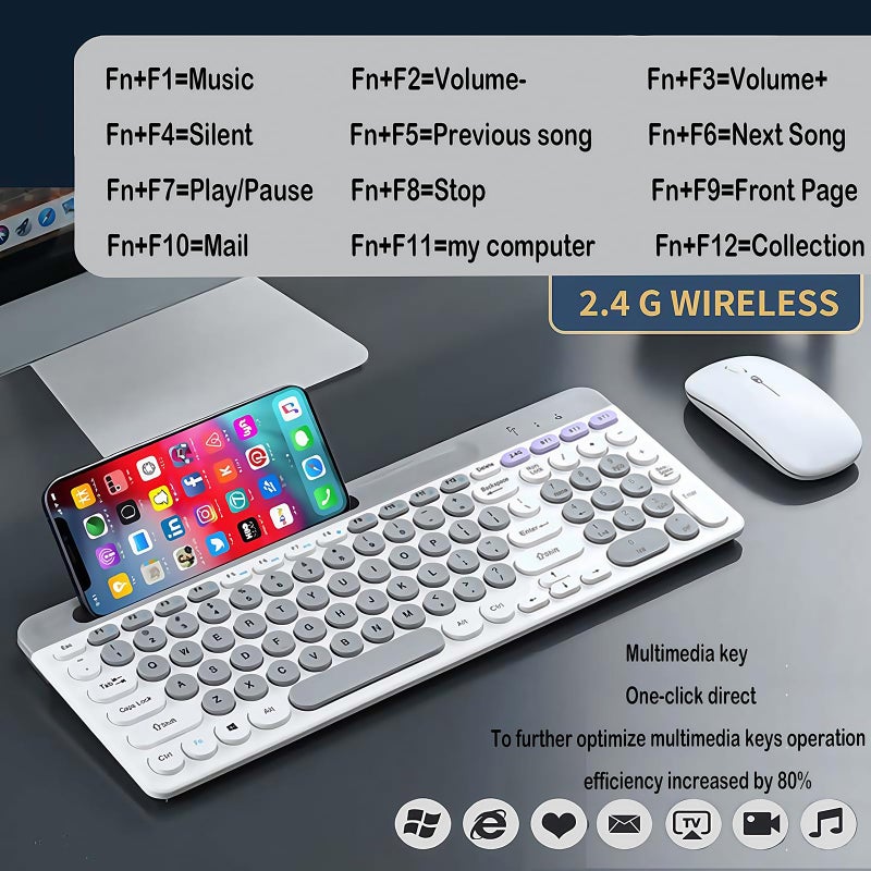 Guiheng Wireless Keyboard and Mouse Combo with Phone Tablet Holder, Rechargeable Dual-Mode (Bluetooth 5.0 and 3.0 +2.4G) Multi-Device Silent Mouse for Windows, iPad, Tablet, MacOS,iOS,Android (Grey+White) - Image 3