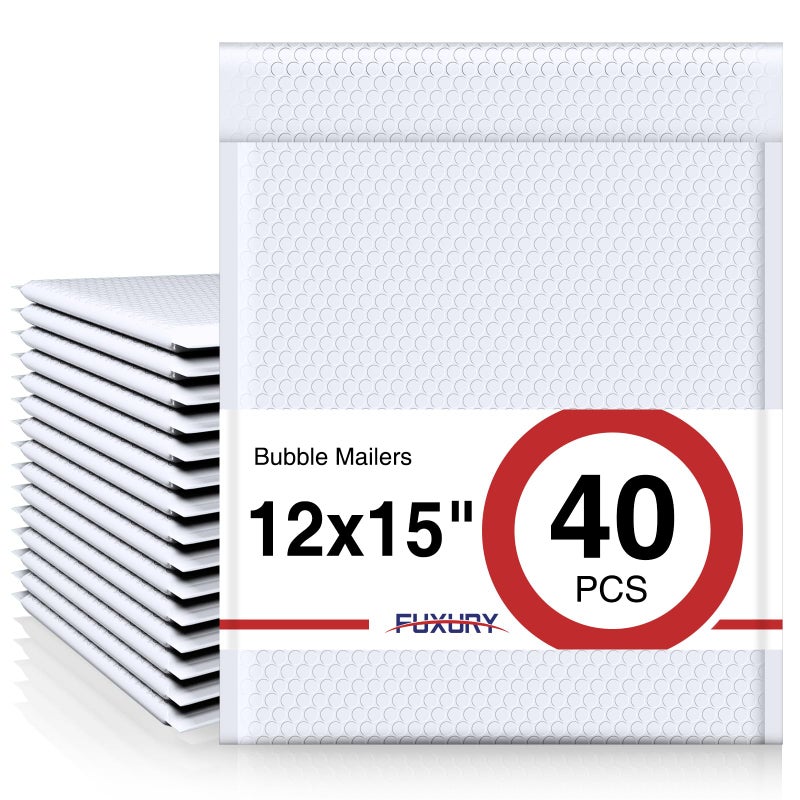 Fuxury Bubble Mailers 12x15" White Padded Envelopes 40 Pack Large Bubble Mailer Strong Adhesion Padded Mailer,Self-Seal Envelope for Mailing Small Business,Magazine,Clothing - Image 1