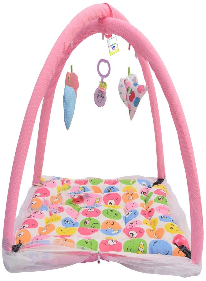 Toddylon Flat Bed Baby Play Gym New Born Baby Bedding|Mat with Hanging Toys|Mattress with Mosquito Net|Cotton Playing Mat|Playmats & Floor Gyms (0-6 Months),1 Count,Pink - Image 2
