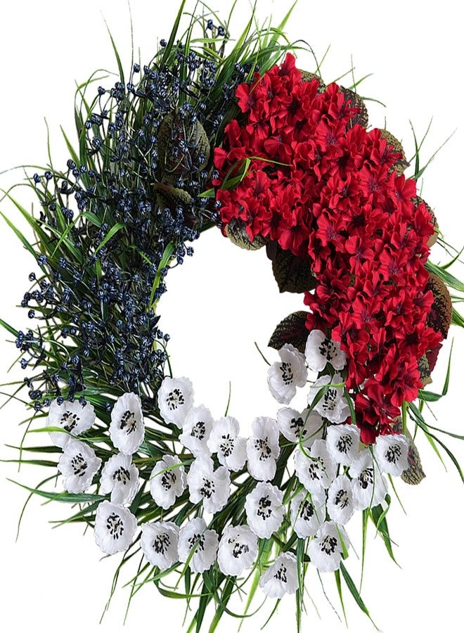 Egolot 24 Inch 4th of July Patriotic Wreath for Front Door, Red White Blue Hydrangea Flower Wreath with Berries for Indoor Outdoor, Independence Day Memorial Day Floral Wreaths for Home Decor - Image 1