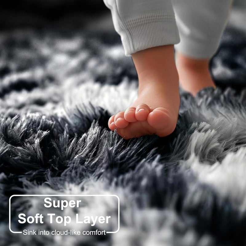 Amdrebio Black White Grey Cool Area Rugs for Bedroom Living Room, Fluffy Modern Furry Rugs for Kids Room Decor, Plush Shaggy Throw Rug 4x6 for Men Teen Boy, Aesthetic Floor Carpet for Dorm Home Office - Image 2