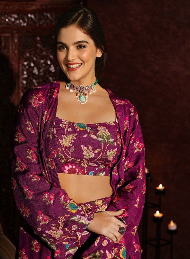 ISHIN Women's Purple Rayon Embellished Cropped Full Length Palazzo Straight Fit Co-Ords - Image 2