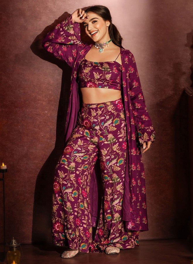 ISHIN Women's Purple Rayon Embellished Cropped Full Length Palazzo Straight Fit Co-Ords - Image 1