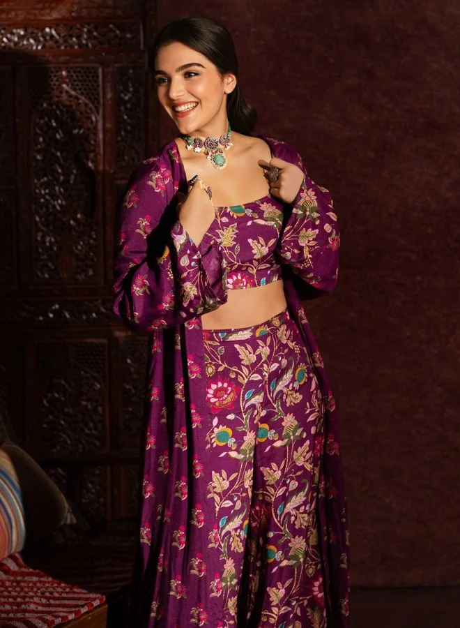 ISHIN Women's Purple Rayon Embellished Cropped Full Length Palazzo Straight Fit Co-Ords