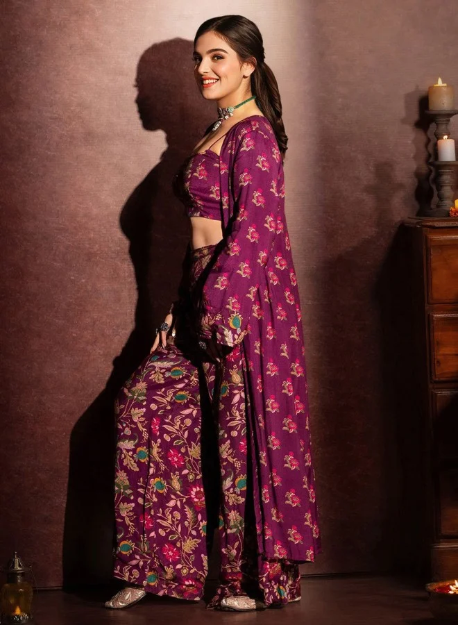 ISHIN Women's Purple Rayon Embellished Cropped Full Length Palazzo Straight Fit Co-Ords