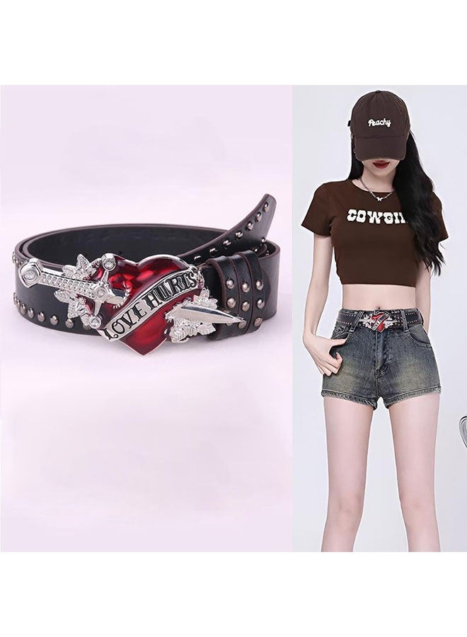 Goth Red Heart Buckle Belt Punk Studded Rivet Waist Belt Y2K Western PU Leather Belts for Women Girls - Image 1