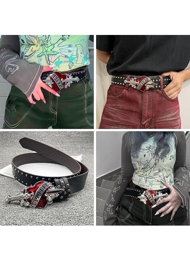 Goth Red Heart Buckle Belt Punk Studded Rivet Waist Belt Y2K Western PU Leather Belts for Women Girls - Image 4