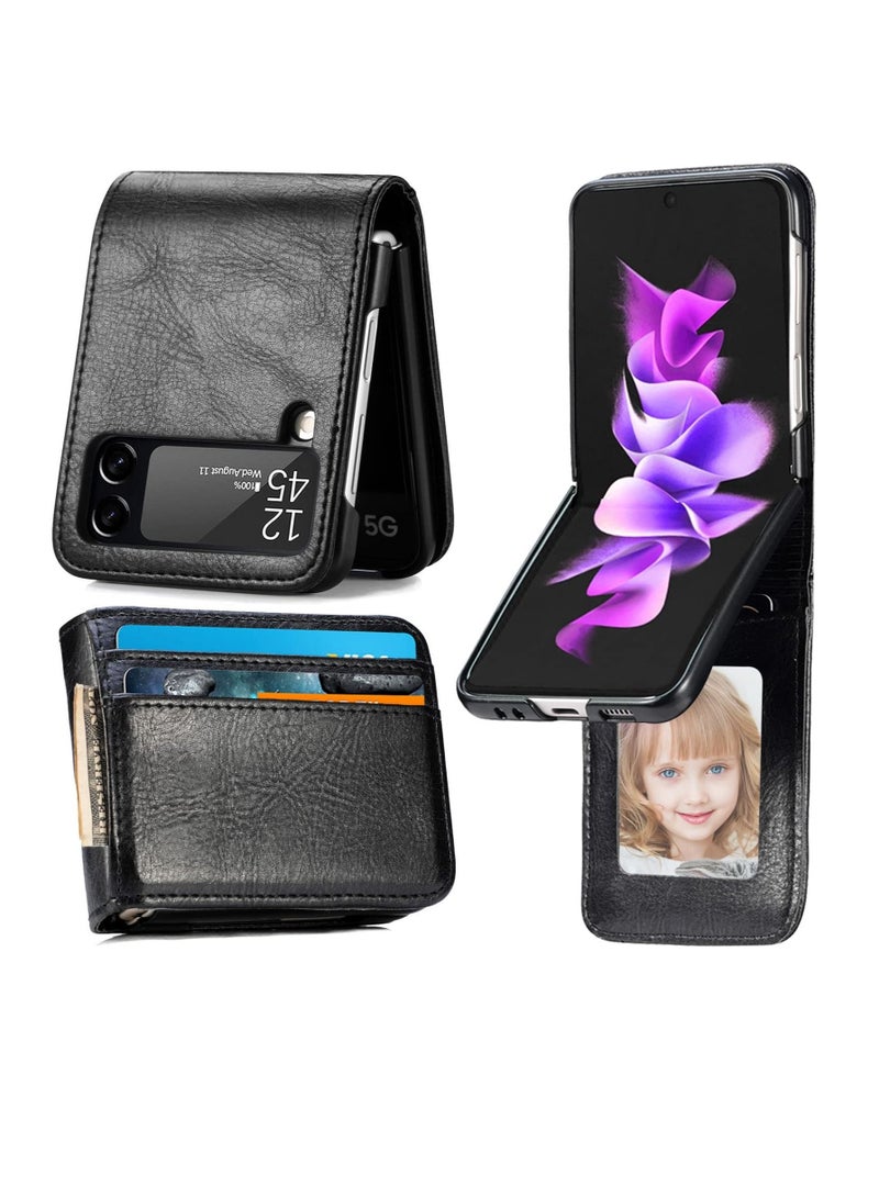 كابتن تيك for Samsung Galaxy Z Flip 3 Case Wallet Case with Card Holder, Slim Fit Premium PU Leather + Hard PC Protective Flip Phone Cover for Samsung Galaxy Z Flip 3 5G 2021 (Black) - Image 1