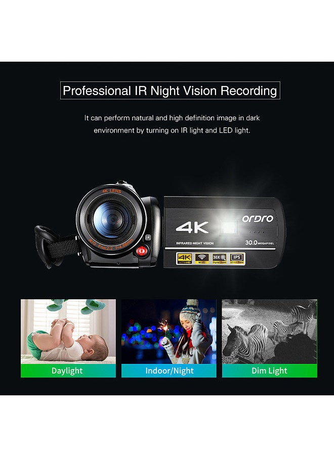ORDRO - ORDRO AC3 4K WiFi Digital Video Camera Camcorder DV Recorder 30MP 30X Zoom IR Night Vision 3.0 Inch IPS LCD Touchscreen - Image 1