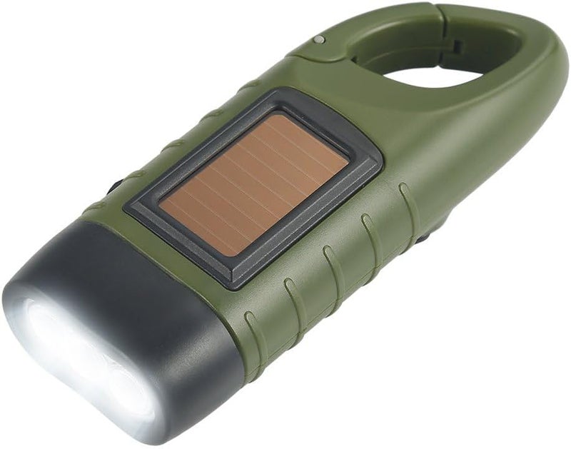Simpeak Simpeak Hand Cranking Solar Powered Flashlight Rechargeable Emergency LED Flashlight Carabiner Dynamo Quick Snap Clip Backpack Flashlight Torch for Outdoor Camping Climbing Hiking Green  - Image 1
