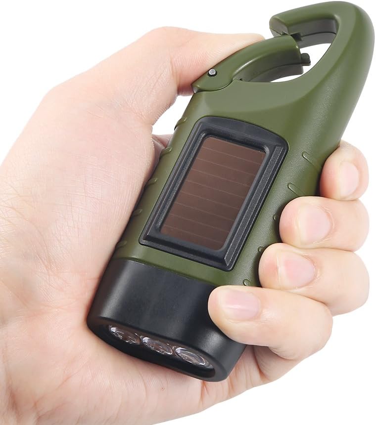 Simpeak Simpeak Hand Cranking Solar Powered Flashlight Rechargeable Emergency LED Flashlight Carabiner Dynamo Quick Snap Clip Backpack Flashlight Torch for Outdoor Camping Climbing Hiking Green  - Image 3
