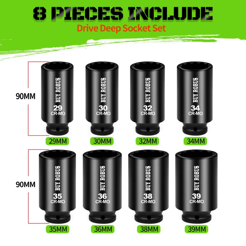 BUYROBUS Axle Nut Impact Socket Set, 1/2" Drive Deep 12 Point 8-Piece Metric 29mm, 30mm, 32mm, 34mm, 35mm, 36mm, 38mm, 39mm Socket, Large Socket Set with Storage Case for Auto Repair, Removing - Image 2