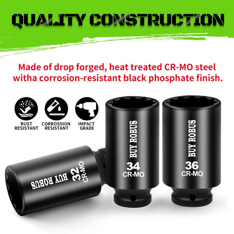 BUYROBUS Axle Nut Impact Socket Set, 1/2" Drive Deep 12 Point 8-Piece Metric 29mm, 30mm, 32mm, 34mm, 35mm, 36mm, 38mm, 39mm Socket, Large Socket Set with Storage Case for Auto Repair, Removing - Image 4