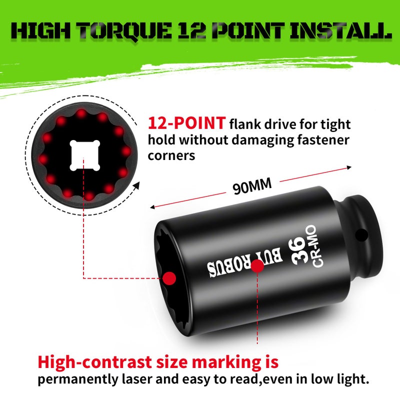 BUYROBUS Axle Nut Impact Socket Set, 1/2" Drive Deep 12 Point 8-Piece Metric 29mm, 30mm, 32mm, 34mm, 35mm, 36mm, 38mm, 39mm Socket, Large Socket Set with Storage Case for Auto Repair, Removing - Image 3