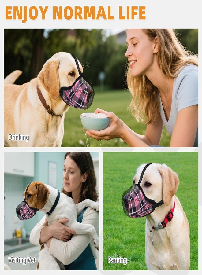 كولتيل كمامة كولتايل للكلاب، كمامة ناعمة للكلاب الصغيرة والمتوسطة والكبيرة الحجم لمنع النباح والتنظيف والعض، كمامة شبكية عاكسة قابلة للتعديل تسمح بالتنفس واللهث والشرب، بنقشة مربعات وردية - Image 3