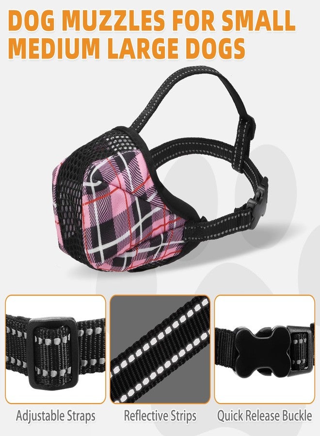 كولتيل كمامة كولتايل للكلاب، كمامة ناعمة للكلاب الصغيرة والمتوسطة والكبيرة الحجم لمنع النباح والتنظيف والعض، كمامة شبكية عاكسة قابلة للتعديل تسمح بالتنفس واللهث والشرب، بنقشة مربعات وردية - Image 5